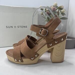 Sun + Stone Delestep Faux Leather Ankle Strap Block Heels Cognac Womens 10M NWB